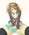  :o black_legwear blazer blue_skirt blush brown_eyes brown_hair foreshortening jacket jhonwalker kita_high_school_uniform long_sleeves looking_at_viewer open_mouth school_uniform sitting skirt solo suzumiya_haruhi suzumiya_haruhi_no_yuuutsu thighhighs zettai_ryouiki 