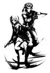  1girl big_boss crossover greyscale gun handgun high_contrast m1911 metal_gear_(series) metal_gear_solid mohomen monochrome nagato_yuki naked_snake pistol short_hair suppressor suzumiya_haruhi_no_yuuutsu weapon 