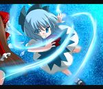  bad_id bad_pixiv_id blue_eyes blue_hair brown_hair cirno glowing grin hakurei_reimu magic marimo_danshaku motion_blur multiple_girls smile touhou 