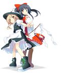  back-to-back black_hair blonde_hair converse detached_sleeves dress gohei hakurei_reimu hat kirisame_marisa looking_at_viewer multiple_girls orange_eyes outstretched_arm shoes smile sneakers standing takashina_masato touhou yellow_eyes 