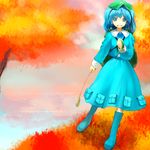  autumn backpack bad_id bad_pixiv_id bag blue_eyes blue_hair boots cattail chirigami-san grin hair_bobbles hair_ornament hat kawashiro_nitori plant rubber_boots smile solo touhou two_side_up water 