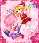  bad_id bad_pixiv_id bat_wings blonde_hair blue21 blue_hair flandre_scarlet flower frills glowing hat looking_at_viewer lying multiple_girls on_side remilia_scarlet rose rotational_symmetry short_hair siblings side_ponytail sisters socks thighhighs touhou tsurime white_legwear wings wrist_cuffs 