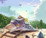  bad_pixiv_id corone express_worm eye_worm flower forest ginger_ale_(huwahuwaryuo) ground_vehicle monster_farm nature no_humans railroad_tracks sign train worm_(monster_farm) 