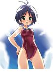  aida_takanobu antenna_hair idolmaster idolmaster_(classic) idolmaster_1 kikuchi_makoto one-piece_swimsuit single_vertical_stripe solo swimsuit 