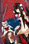  alternate_costume animal_ears bad_id bad_pixiv_id black_hair black_wings hat inubashiri_momiji japanese_clothes multiple_girls red_eyes roh_nam_kyung shameimaru_aya touhou white_hair wings wolf_ears 