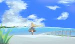  air bad_id bad_pixiv_id black_legwear blonde_hair blurry day depth_of_field floating_hair from_behind grass kamio_misuzu kneehighs long_hair noise_(hakusen) ocean outdoors railing road shore solo standing street thighhighs very_long_hair water wind zettai_ryouiki 