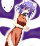  bare_shoulders blue_hair blush bococho breasts bun_cover china_dress chinese_clothes covered_nipples covering_mouth crossed_arms double_bun dress embarrassed fan feather_fan folding_fan large_breasts mishaguji side_slit snake solo touhou yasaka_kanako 