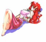  barefoot blush glasses kikuta long_hair lying non-web_source pencil_skirt red_hair skirt solo teacher tengen_toppa_gurren_lagann yellow_eyes yoko_littner yomako 