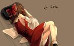  bad_id bad_pixiv_id bare_shoulders bow breasts brown_background brown_hair detached_sleeves directional_arrow dress from_behind hair_bow hakurei_reimu long_hair long_sleeves lying on_side red_bow red_dress riku_(wana) sideboob simple_background small_breasts solo touhou 