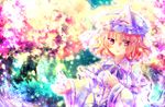  bad_id bad_pixiv_id cherry_blossoms colorful hand_on_own_chest hat highres japanese_clothes multicolored multicolored_eyes pink_hair purple_eyes riichu saigyouji_yuyuko short_hair solo touhou yellow_eyes 