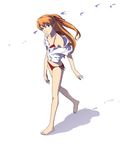  barefoot bikini kawamura_rukanan long_hair looking_at_viewer neon_genesis_evangelion orange_hair red_bikini shirt side-tie_bikini simple_background solo souryuu_asuka_langley swimsuit walking white_background 