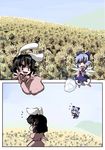  2girls :d :p animal_ears bangs black_hair blue_dress blue_eyes blue_hair blush_stickers bow bunny_ears chasing chibi cirno cloud comic day dress field flower flower_field flying gatau hair_bow ice inaba_tewi multiple_girls open_mouth pink_dress silent_comic sky smile sunflower tongue tongue_out touhou v-shaped_eyebrows wings 