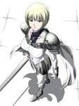 armor bad_id bad_pixiv_id blonde_hair bob_cut bodysuit boots breasts cape clare_(claymore) claymore claymore_(sword) elbow_gloves from_above gloves grey_eyes knee_boots large_breasts looking_up noriheita shadow short_hair skirt solo standing sword turtleneck weapon white_bodysuit 