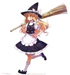  bamboo_broom blonde_hair braid broom grin hand_on_hip hat kirisame_marisa long_hair mary_janes momiji_mao running shoes smile solo touhou witch_hat yellow_eyes 