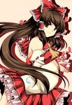  ascot bad_id bad_pixiv_id bow brown_eyes brown_hair detached_sleeves hakurei_reimu long_hair petals ribbon roh_nam_kyung smile solo touhou very_long_hair 