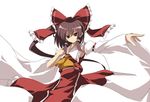  ascot bangs bow brown_eyes brown_hair cowboy_shot detached_sleeves frilled_bow frilled_hair_tubes frilled_shirt_collar frilled_skirt frills hair_bow hair_ribbon hair_tubes hakurei_reimu highres long_hair looking_at_viewer ofuda ponytail red_background red_bow red_ribbon red_shirt red_skirt ribbon ribbon-trimmed_sleeves ribbon_trim shirt short_hair simple_background skirt sleeveless sleeveless_shirt solo touhou touya_(the-moon) white_background white_collar white_sleeves wide_sleeves yellow_neckwear 