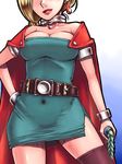  :d armlet belt bianca blonde_hair blush bracelet braid breasts brown_legwear cape cleavage covered_navel dragon_quest dragon_quest_v dress earrings gem glint gradient gradient_background hand_on_hip head_out_of_frame holding jewelry large_breasts lipstick long_hair looking_at_viewer makeup misonou_hirokichi naughty_face neck_ring open_mouth pendant short_dress side_slit single_braid skin_tight smile solo standing thighhighs weapon whip wide_hips zettai_ryouiki 