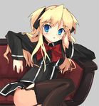  :o black_dress black_legwear blonde_hair blue_eyes bow bowtie couch dress grey_background kitano_yuusuke long_hair long_sleeves looking_at_viewer parted_lips quiz_magic_academy red_neckwear shalon simple_background sitting solo thighhighs thighs zettai_ryouiki 
