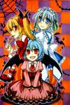  alternate_costume bad_id bad_pixiv_id bat bat_wings blonde_hair blue_eyes blue_hair braid candy fang flandre_scarlet food hair_ornament hair_ribbon izayoi_sakuya kuronohana lollipop maid maid_headdress multiple_girls red_eyes remilia_scarlet ribbon short_hair side_ponytail silk silver_hair socks spider_web striped striped_legwear swirl_lollipop touhou twin_braids wings 