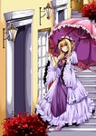  alley bad_id bad_pixiv_id blonde_hair bow dress flower frilled_dress frills hair_bow hair_up hat long_hair parasol purple_eyes ribbon roh_nam_kyung solo stairs touhou umbrella yakumo_yukari 