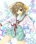  :d blush brown_eyes brown_hair hair_ribbon hairband jhonwalker kita_high_school_uniform long_sleeves looking_at_viewer open_mouth outstretched_arms ribbon sailor_collar school_uniform serafuku shirt smile solo suzumiya_haruhi suzumiya_haruhi_no_yuuutsu tareme white_shirt 