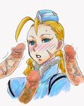  1girl blonde_hair braid cammy_white capcom censored female hat hetero kikuta penis solo street_fighter traditional_media 