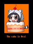 1girl :d animal_ears black_hair blush brown_eyes cake character_name cherry chibi commentary_request common_raccoon_(kemono_friends) english eyebrows_visible_through_hair food food_on_head fruit highres kemono_friends multicolored_hair object_on_head open_mouth orange_background portal portal_(series) pun raccoon_ears raccoon_tail shizuraku silver_hair smile solo tail the_cake_is_a_lie v-shaped_eyebrows white_hair 
