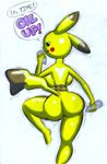  backboob big_breasts big_butt breasts butt english_text female nintendo norithics oil pikachu plain_background pok&#233;mon pokemon solo text video_games white_background 