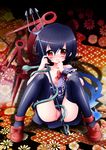  asymmetrical_wings bare_shoulders black_hair black_legwear breasts choco_(moyasi) highres houjuu_nue no_bra off_shoulder open_clothes open_shirt panties panties_aside polearm pussy pussy_juice red_eyes shirt short_hair sitting small_breasts snake solo thighhighs touhou trident uncensored underwear weapon wings 