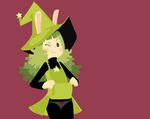  blush_stickers bunny cowboy_shot cucumber_quest dress dress_lift green_eyes green_hair hat looking_at_viewer official_style one_eye_closed orange_peel_(artist) panties pantyhose peachifruit_(style) peridot_(cucumber_quest) pinafore_dress red_background simple_background smile turtleneck underwear white_panties witch_hat 