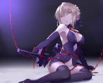  100 100percent 1girl arm_support armpits artoria_pendragon_(all) artoria_pendragon_alter_(fate/grand_order) bangs bare_shoulders black_background black_dress black_gloves black_legwear blonde_hair blue_bow bow braid breasts chains cleavage commentary_request dark_excalibur dress elbow_gloves eyebrows_visible_through_hair fate/grand_order fate_(series) gloves hair_bow head_tilt highres holding holding_sword holding_weapon light_particles looking_at_viewer medium_breasts negative_space no_panties no_shoes parted_lips saber_alter short_dress short_hair sideboob sidelocks sitting solo sword thighhighs weapon yellow_eyes yokozuwari 