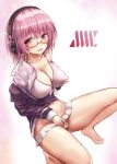 ashfair bangs bikini blush bow breasts collarbone collared_shirt eyebrows_visible_through_hair frilled_bikini frills glasses headphones jacket large_breasts lavender_hair long_sleeves looking_at_viewer navel open_clothes open_jacket open_mouth open_shirt purple_eyes purple_jacket shinjou_akane shirt smile solo spread_legs squatting ssss.gridman stomach sweat swimsuit white_bikini white_shirt 