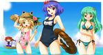  bikini day food hair_ornament hat innertube kochiya_sanae leaf_hair_ornament michii_yuuki moriya_suwako multiple_girls name_tag one-piece_swimsuit one_eye_closed onozuka_komachi popsicle rope school_swimsuit shimenawa straw_hat swimsuit touhou yasaka_kanako 