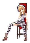  bare_shoulders blonde_hair covering_mouth dress frills gin_(ginshari) hood hoodie legs long_legs original panda panties pantyshot pantyshot_(sitting) red_eyes sitting skirt solo striped striped_legwear thighhighs underwear 