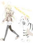  ahoge black_legwear blonde_hair coat copyright_name green_eyes hayate_no_gotoku! hood hood_down ise leggings long_hair pantyhose sanzen'in_nagi slippers tama_(hayate_no_gotoku) tiger twintails walking watermark web_address white_tiger 