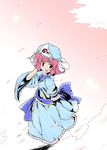  :d arm_garter frills from_above full_body hat japanese_clothes kiku_hitomoji kimono long_sleeves looking_afar looking_to_the_side mob_cap obi open_mouth pink_eyes pink_hair saigyouji_yuyuko sash short_hair smile solo standing touhou triangular_headpiece wide_sleeves 