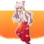  7c bangs bow flat_chest fujiwara_no_mokou hair_bow long_hair long_sleeves looking_at_viewer ofuda pants red_eyes shirt silver_hair solo suspenders touhou very_long_hair white_shirt 