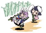  accident animal_ears baku_taso bunny_ears chibi grin inaba_tewi multiple_girls o_o panties pantyshot prank reisen_udongein_inaba smile stilts striped striped_panties touhou underwear 