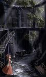  bench brown_eyes brown_hair chair detached_sleeves hair_ribbon hair_tubes hakurei_reimu indoors long_hair mashayuki overgrown rain ribbon ruins scenery solo stairs table touhou tree 