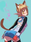  animal_ears ass bad_id bad_pixiv_id black_legwear blue_background blush cat_ears cat_tail fingerless_gloves flat_chest from_behind gloves leaning_forward light_brown_hair long_sleeves looking_back nose_blush o3o original paw_print pencil_skirt phantasy_star phantasy_star_universe pointy_ears simple_background skirt solo standing tail tensugi_takashi thighhighs yellow_eyes zettai_ryouiki 