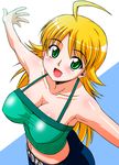  ahoge armpits belt blonde_hair blush breasts camisole cleavage crop_top from_above green_eyes green_shirt hoshii_miki idolmaster idolmaster_(classic) idolmaster_1 large_breasts long_hair looking_up midriff navel no_bra outstretched_arms rikumoto_yoshiyuki shirt solo spread_arms 