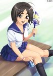  black_hair brown_eyes can copyright_request fan paper_fan school_uniform serafuku shinozuka_jouji solo uchiwa 