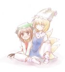  :d animal_ears blonde_hair blush brooch brown_eyes brown_hair cat_ears chen dress fox_tail frills gem harunatsu_akito hat jewelry long_sleeves looking_at_viewer multiple_girls multiple_tails nekomata open_mouth pillow_hat red_dress short_hair smile socks tabard tail tareme tassel touhou two_tails white_background yakumo_ran 