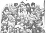  6+girls :o ^_^ angel_wings animal_ears blindfold blush brooch bun_cover bunny_ears closed_eyes closed_mouth cross cross_necklace demon_horns dl_action everyone eyebrows_visible_through_hair eyepatch fan folding_fan frown full-face_blush fur_trim gem gloves greyscale grin hair_ribbon hairband hat head_wings highres horns hug jewelry looking_at_viewer monochrome multiple_boys multiple_girls nakajima_yuka necklace non-web_source nurse_cap ofuda open_mouth outstretched_arms ragnarok_online ribbon santa_hat smile smirk spiked_hair sweatdrop teeth wings zipper 