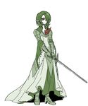  armor artist_request costume gardevoir gen_3_pokemon green green_hair hair_ornament knight personification pokemon realistic red_eyes simple_background solo sword weapon white_background 