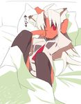  animal_ears bed breasts cat_ears dark_skin kokage-san kusaka_kokage long_hair medium_breasts necktie original red_eyes sleepy solo thighhighs white_hair 