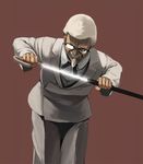  cane colonel_sanders concealed_sword facial_hair formal glasses grin kfc kuroko_(piii) male_focus mustache old_man sheath shiny smile solo string_tie suit sword sword_cane unsheathing weapon white_hair 