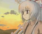  bangs fujiwara_no_mokou hair_ribbon lowres ribbon solo sunset takuzui touhou white_hair 