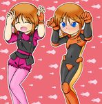  black_bodysuit blue_eyes bodysuit caramelldansen casual closed_eyes elpeo_puru fingerless_gloves gloves gundam gundam_zz kut_(kut_house) multiple_girls orange_hair pantyhose pilot_suit pink_legwear puru_two short_hair 