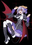  boots demon_girl demon_horns demon_tail fang frills glasses hair_ribbon highres horns knee_boots open_mouth original platform_footwear pointy_ears purple_hair red_eyes ribbon solo tail thighhighs unpokotan white_legwear wings 
